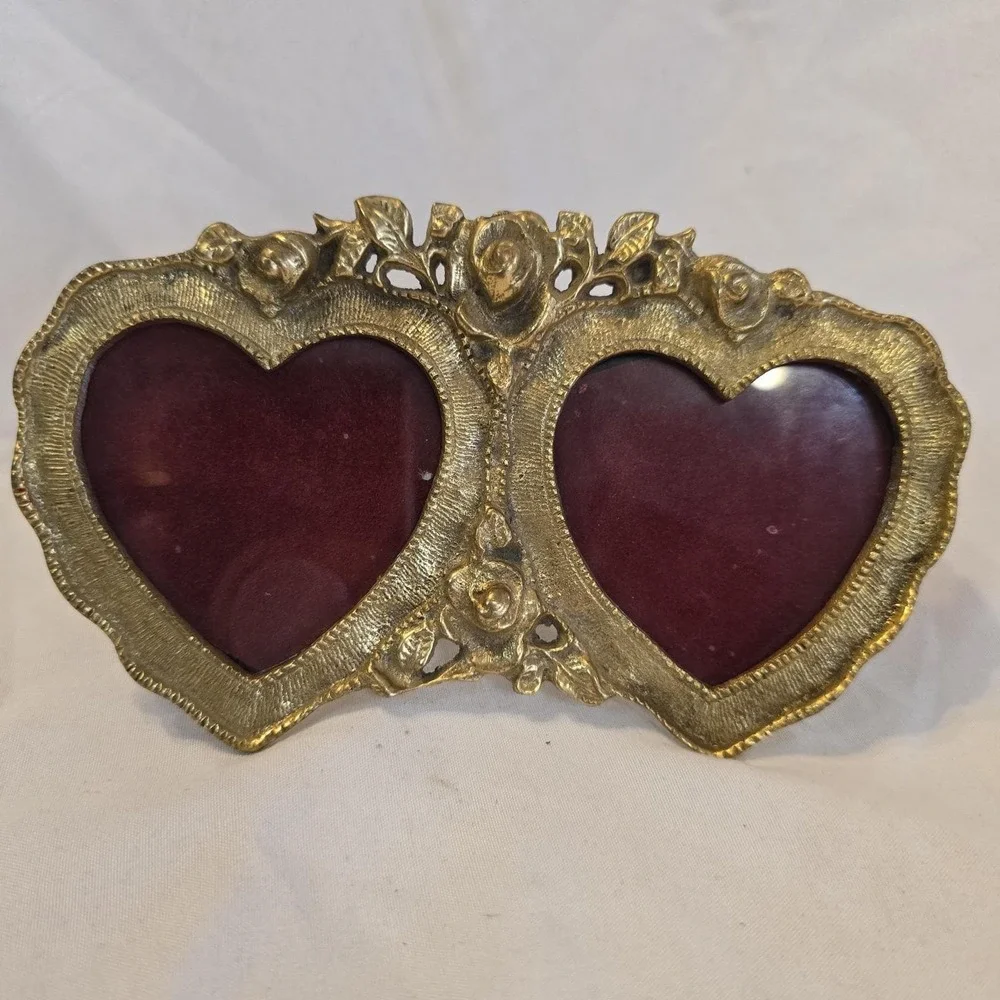 Solid Brass Ornate Double Heart Picture Frame With Roses Decorative Decor